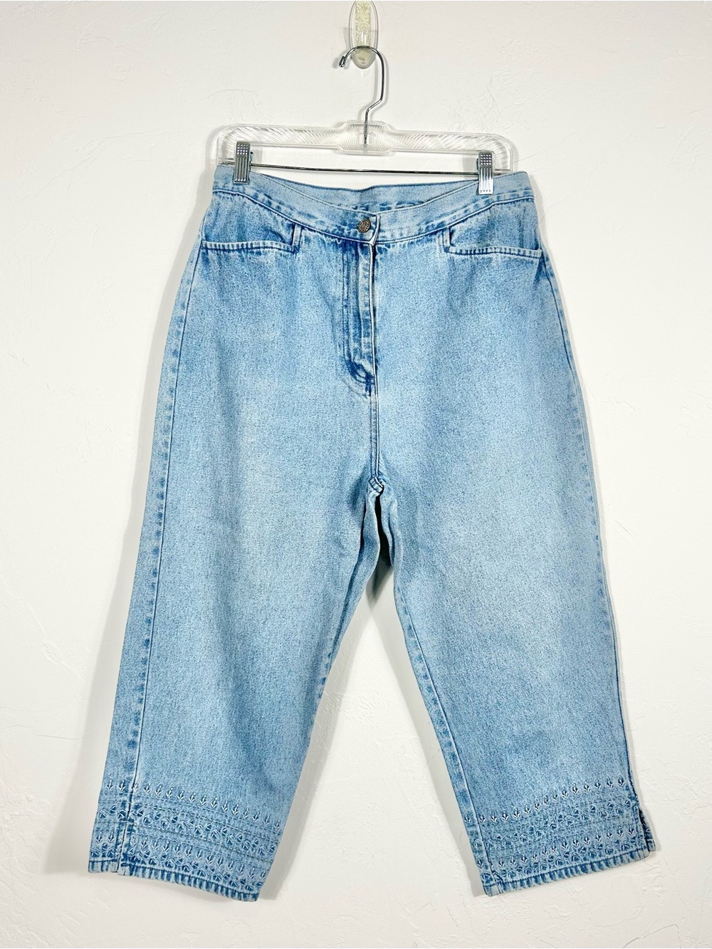 Vtg 90s Bill Blass 100% Cotton Rigid Cropped Mom Jeans Embroidered Hem 12